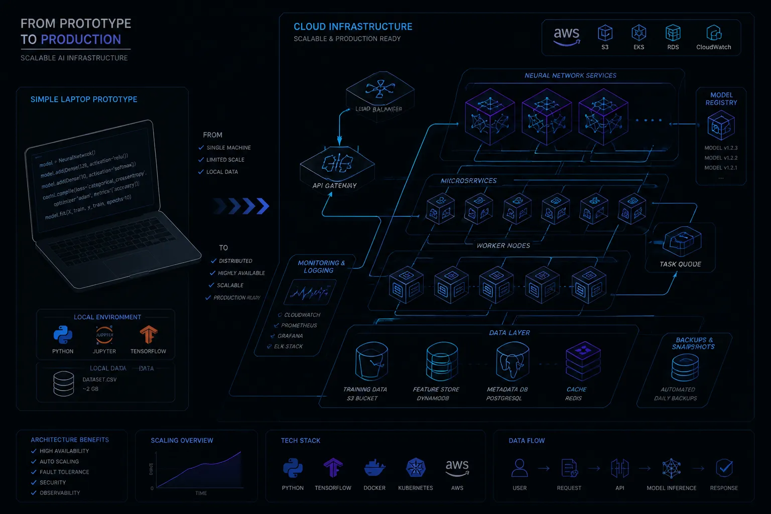 Contrasting a simple laptop with a complex glowing cloud infrastructure